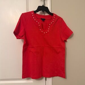 Westbound Red Short Sleeve Top with Studded Keyhole Neckline